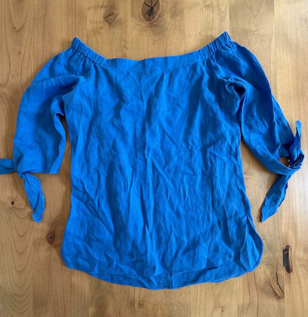 Saks Fifth Avenue Off Shoulder Linen Blouse Size M Blue Tie Sleeve